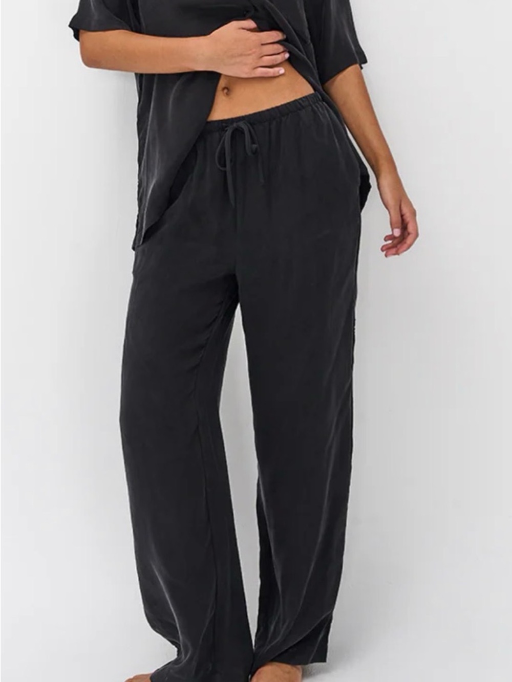 Ghanda M Black Wide Leg Drawstring Pants Cupro Silky Drapey Casual Lounge Comfy